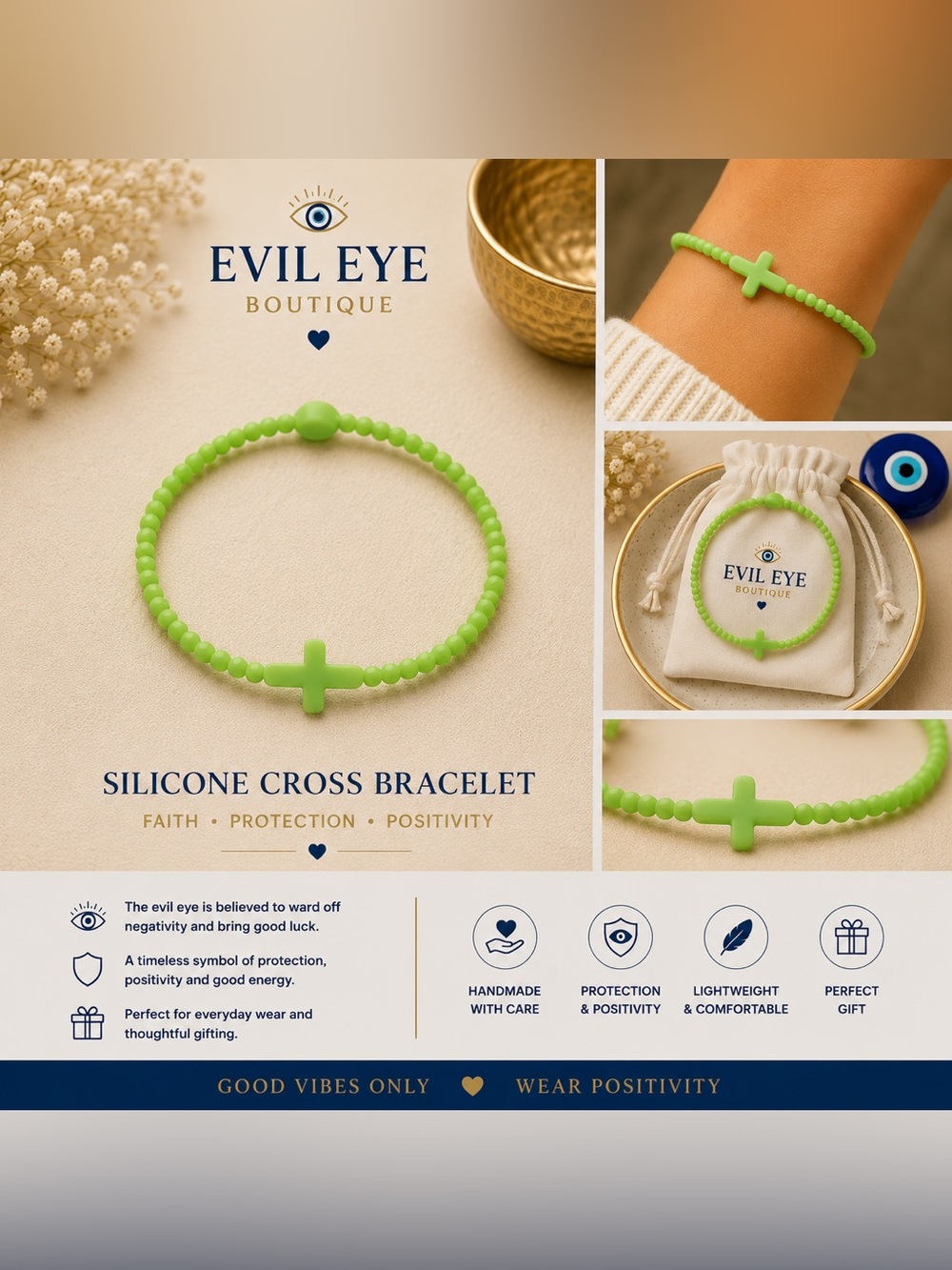 Evil Eye Boutique Neon Green Silicone Cross Bracelet